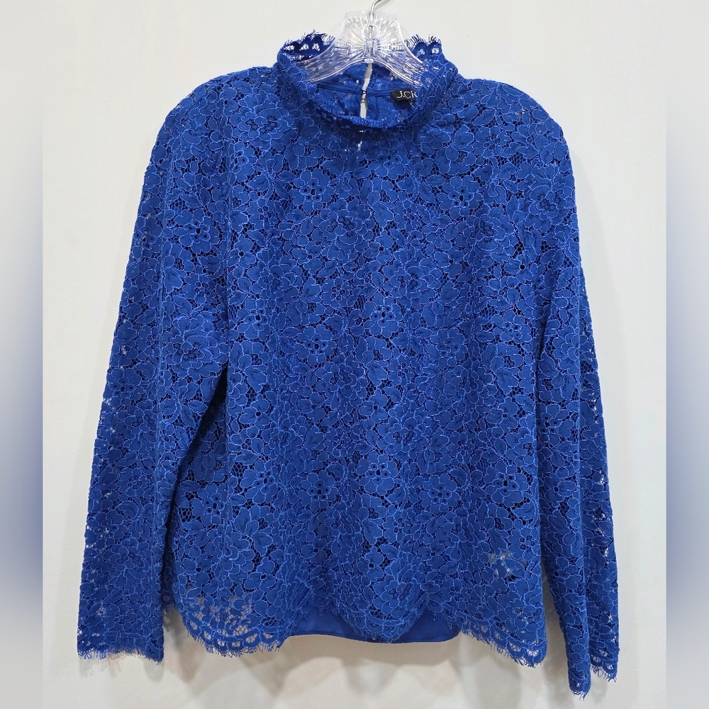 J. Crew Size 14 Regal Blue Scalloped Lace Long Sleeve Mock Neck Blouse Lined